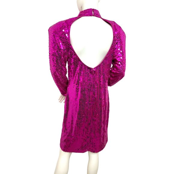 Vintage Pink Sequins Sheath Dress L Knee Length Mock Cut Out Back Long Sleeve - Picture 4 of 17